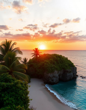 Beautiful sunset on the beach with palm trees. Tropical landscape.