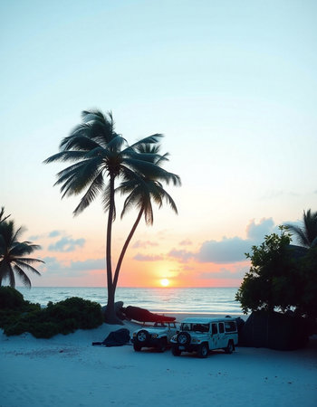 Sunset on the beach with palm trees.