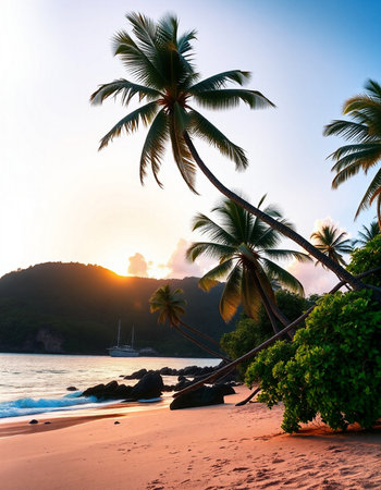 Tropical beach with palm trees at sunset in Seychelles
