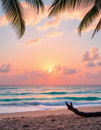 Beautiful tropical beach and sea with coconut palm tree at sunset time