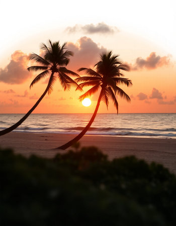 Silhouette of coconut palm trees on the beach at sunset.の写真素材