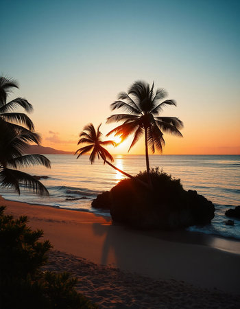 Palm trees on the beach at sunset. Beautiful tropical landscape.