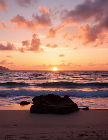 Beautiful sunset on the beach with rocks in the foreground. Toned.の写真素材
