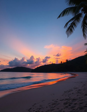 Tropical beach with palm trees at sunset, Seychelles