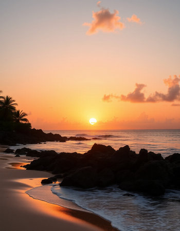 Tropical beach at beautiful sunset. Nature background with copy space.
