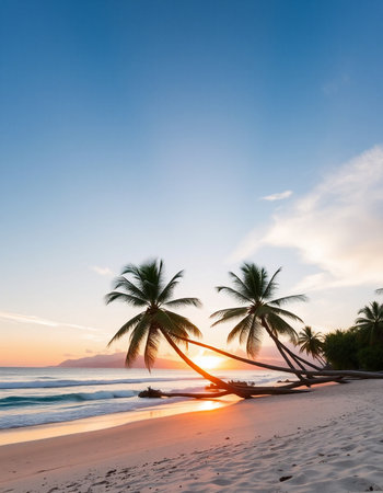 Tropical beach with coconut palm trees at sunset in Sri Lankaの写真素材