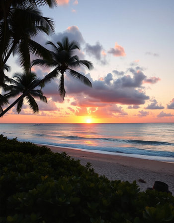 Tropical beach with coconut palm trees at sunset, Seychelles