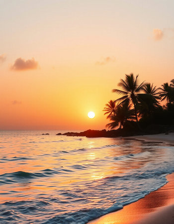 Beautiful tropical beach and sea with coconut palm tree at sunset time - Holiday Vacation concept
