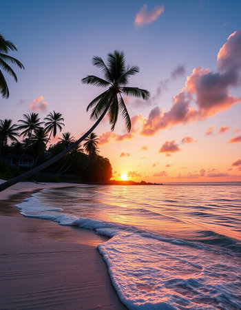 Tropical beach with coconut palm trees at beautiful sunset. Nature background