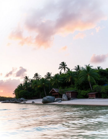 Beautiful tropical beach with coconut palm trees at sunset. Nature backgroundの写真素材
