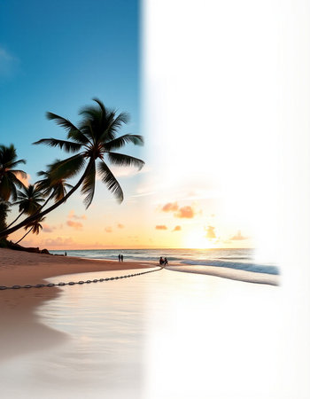 Palm trees on a tropical beach at sunset with copyspace