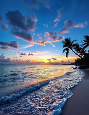 Tropical beach at beautiful sunset, Seychelles.
