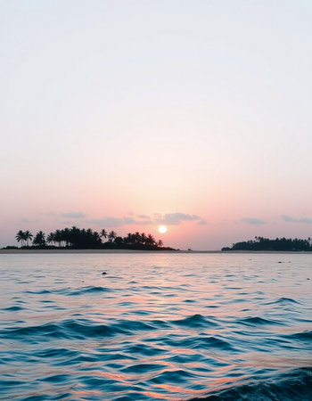 Beautiful sunset over the sea with silhouette of palm trees on the horizonの写真素材