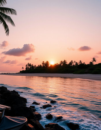 Beautiful sunset on the beach with palm trees and the sea.