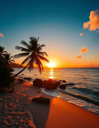 Beautiful tropical beach and sea with coconut palm tree at sunset time - Holiday Vacation conceptの写真素材
