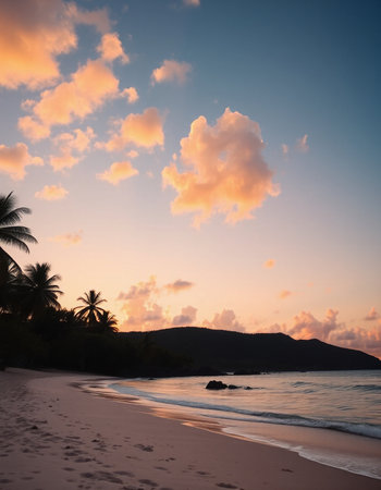 Tropical beach with coconut palm trees at sunset, Seychellesの写真素材