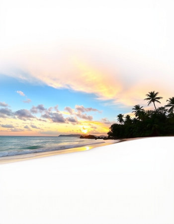 Tropical beach with palm trees at sunset, Seychellesの写真素材