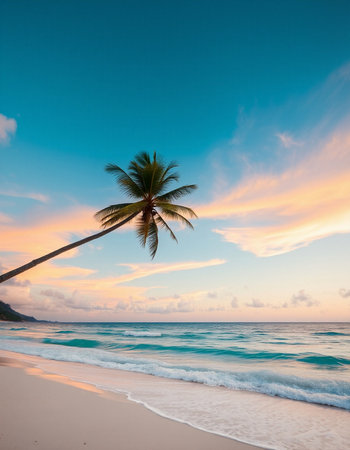 Palm tree on the beach at sunset, Seychelles
