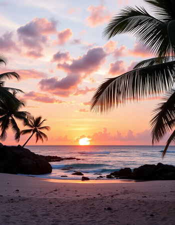Tropical beach with palm trees at sunset, Seychelles