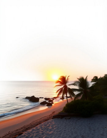 Tropical beach with palm trees and sunset in the background.の写真素材