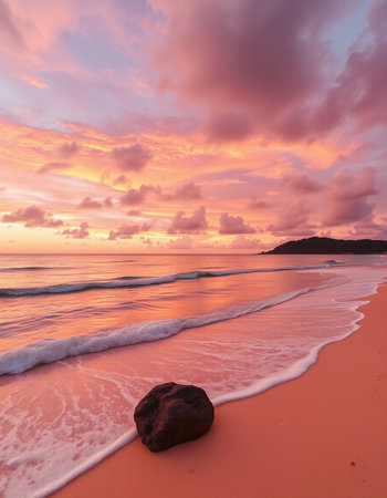 Tropical beach at beautiful sunset in Seychelles.の写真素材