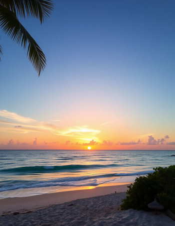 Tropical beach at sunset with coconut palm trees and sand.の写真素材