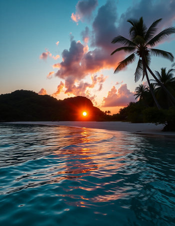 Beautiful sunset on a tropical beach with palm trees and turquoise water