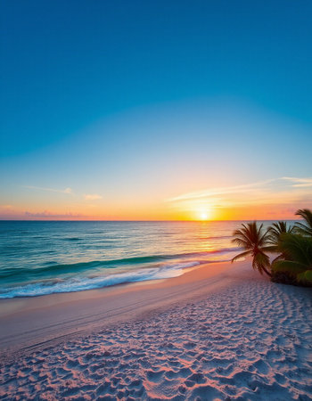 Beautiful tropical beach and sea with coconut palm tree at sunset time for travel and vacationの写真素材