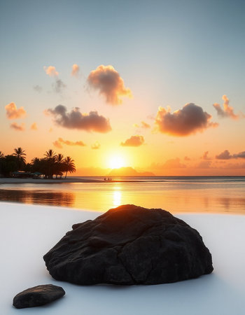 Beautiful tropical beach and sea with coconut palm tree at sunset time.