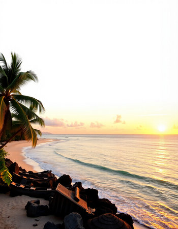 beautiful sunset on the beach with a view of the sea and palm trees