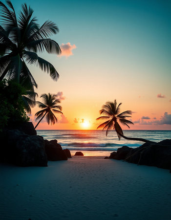 Tropical beach with palm trees at sunset, Seychellesの写真素材