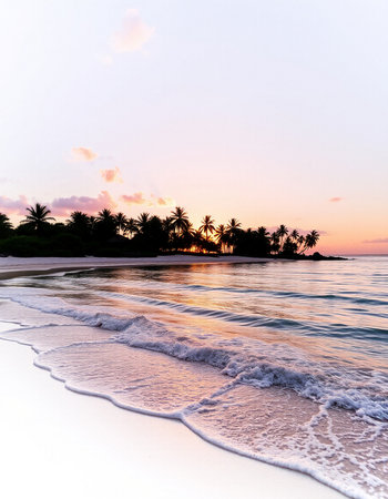Tropical beach with coconut palm trees and sand at beautiful sunsetの写真素材