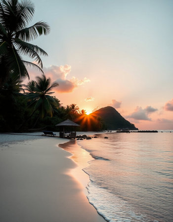 Beautiful sunset on the beach in the tropics. Landscape.の写真素材