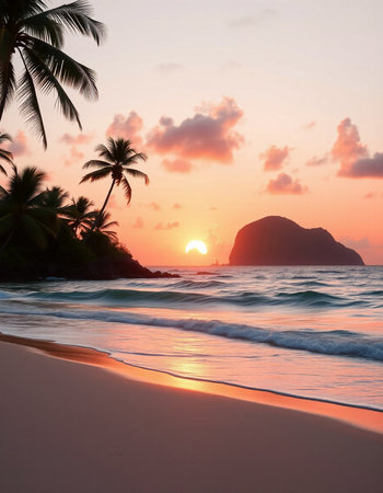 Tropical beach at beautiful sunset, Seychelles.