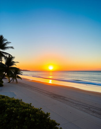 Beautiful tropical beach and sea with coconut palm tree at sunrise time for travel and vacationの写真素材