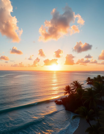 Aerial view of beautiful tropical beach and sea with coconut palm tree at sunset timeの写真素材