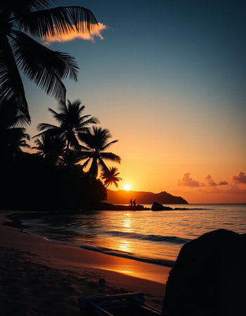 Beautiful sunset on the beach with palm trees silhouetted.