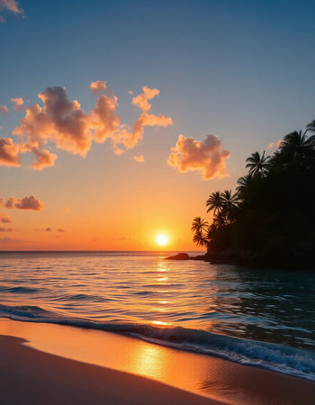 Tropical beach with palm trees at beautiful sunset, Seychelles
