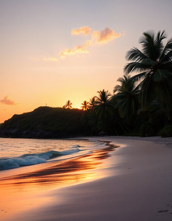 Tropical beach with palm trees at sunset, Seychelles