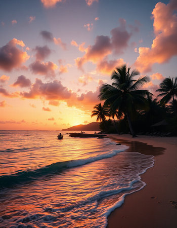 Tropical beach at sunset with palm trees and blue sky.