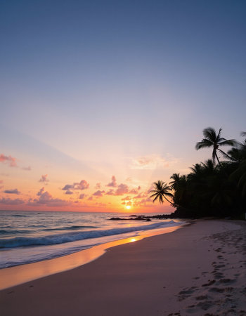 Tropical beach with coconut palm trees at sunset, Sri Lankaの写真素材