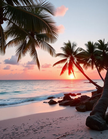 Tropical beach with palm trees at sunset in Sri Lanka.の写真素材
