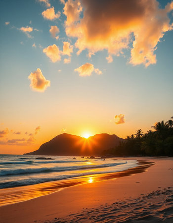Beautiful sunset on the beach of paradise island Seychellesの写真素材