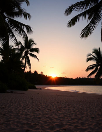 Tropical beach at sunset with palm trees silhouetted.の写真素材