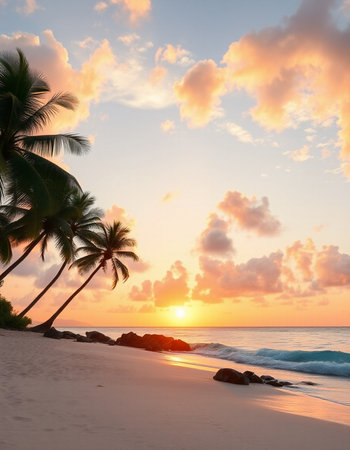 Beautiful sunset on the beach with palm trees. Tropical background.