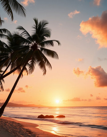 Tropical beach with palm trees at sunset, Sri Lanka.