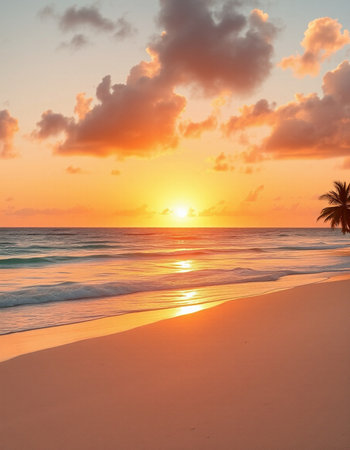 Beautiful sunset on the tropical beach. Colorful sky and sea.