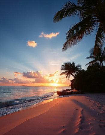 Tropical beach with palm trees at sunset, Seychelles