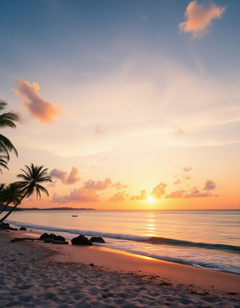 Beautiful tropical beach and sea with coconut palm tree at sunset time - Holiday Vacation conceptの写真素材