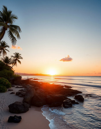 Tropical beach with palm trees at sunset.